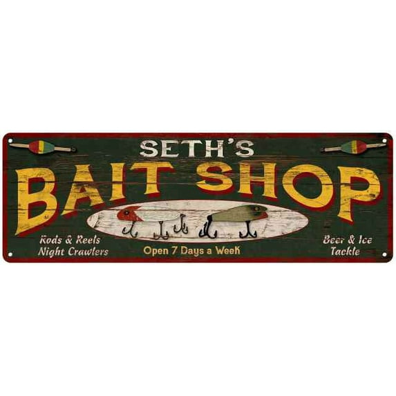 SETH'S Bait Shop Sign Wood Look Man Cave Den Gift 6x18 Metal 106180024295