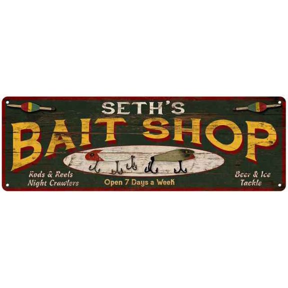 SETH'S Bait Shop Sign Wood Look Man Cave Den Gift 6x18 Metal 106180024295