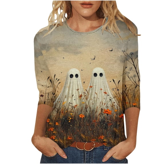 SETOFF Plus Size Tops, 3/4 Sleeve Womens Halloween Shirts, Ghost Pumpkin Bat Print Crew Neck Casual Halloween Tops, Fall Fashion Holiday Party Daily Wear Halloween Outfits S-5XL