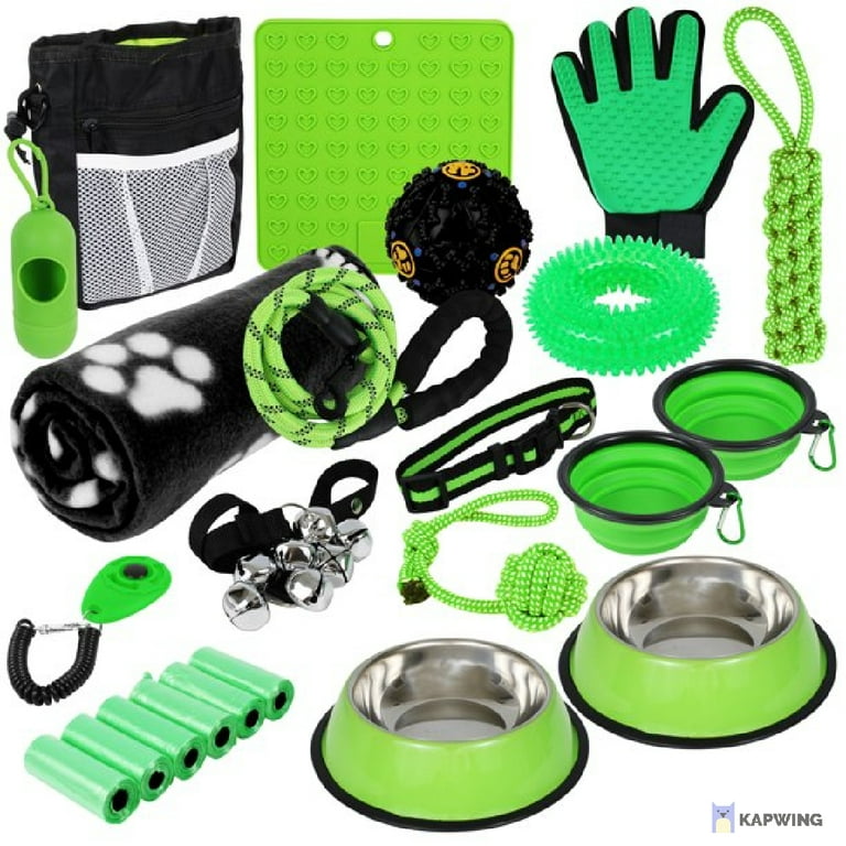 SETONWARE Puppy Starter Kit, Dog Toys, Dog Bed Blankets, Puppy Dog Grooming  Tool, Training, Toys, Training Bells Dog Leashes Accessories for Dogs Gift  for New Puppies Green 23 Pieces 