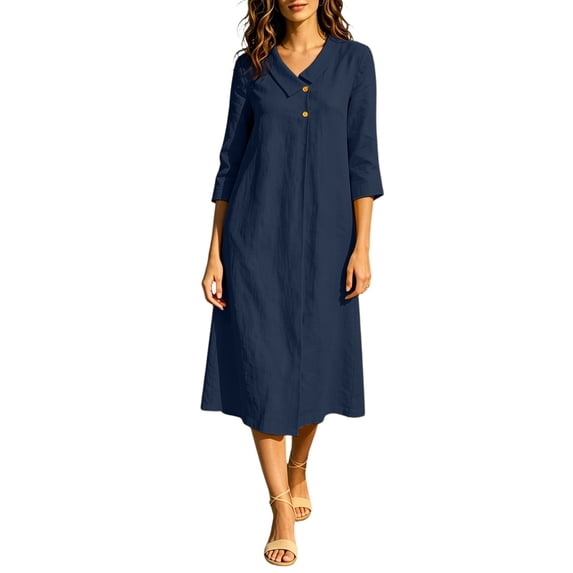 SETOOFF Cotton Linen Midi Shirt Dress Notched V Neck 3/4 Sleeve Button Decor Loose A‑Line Tunic Dress Casual Beach Vacation Daily Dress