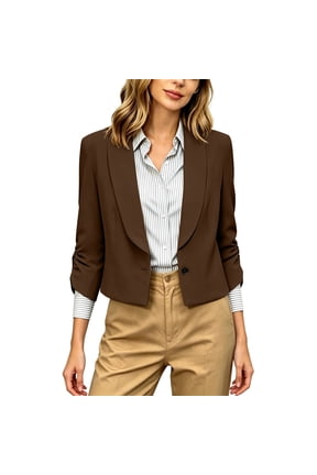 Cropped Womens Blazer 3/4 Ruched Sleeve Lapel One Button Jacket Loose Fit Work Outerwear Dressy Casual Spring Summer Office Vacation Clothes