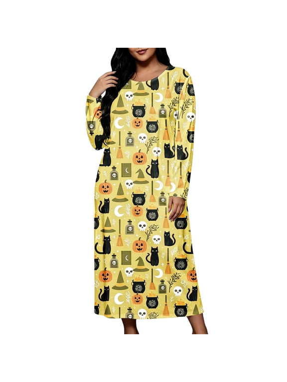 Halloween Skull Jack O Lantern Bat Print Long Sleeve Nightgown Dress, Women Ghost Spider Witch Pajama Sets Pumpkin Onesie Costume, Autumn Plus Size Loose Fit Holiday Sleepwear