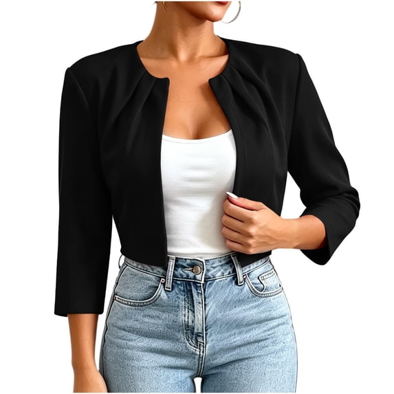 SETOOFF Open Front Cropped Womens Blazer 3/4 Sleeve Round Neck Pleated Shoulder Jacket Loose Fit Outerwear Dressy Casual Spring Summer Office Vacation Clothes