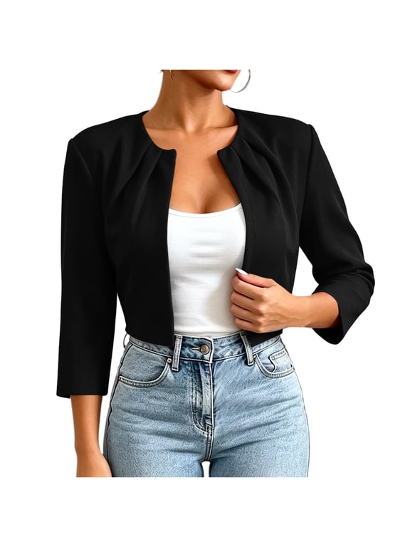 Open Front Cropped Womens Blazer 3/4 Sleeve Round Neck Pleated Shoulder Jacket Loose Fit Outerwear Dressy Casual Spring Summer Office Vacation Clothes