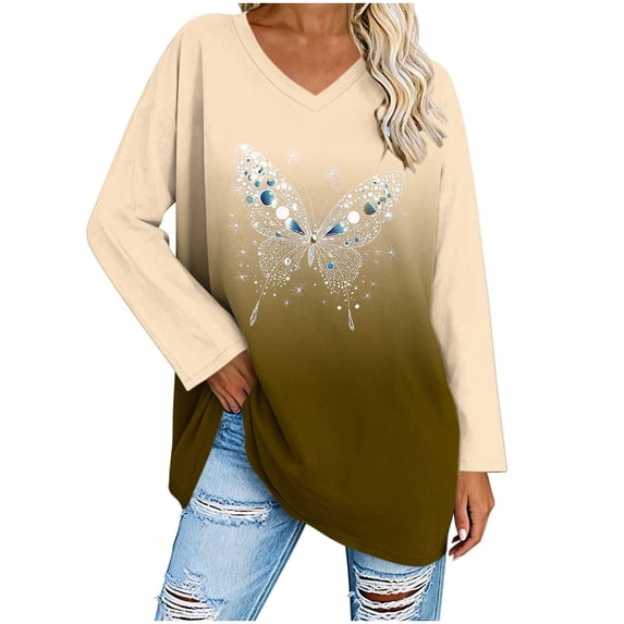 SETOOFF Plus Size Women Gradient Butterfly Print V‑Neck Long Sleeve Tunic Top, Drop‑Shoulder Loose‑Fit Casual Pullover Shirt
