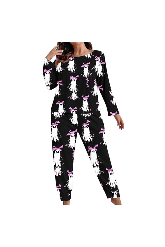 Plus Size Women Halloween Pajama Set, Pumpkin Ghost Bat Print Boat Neck Long Sleeve Top Jogger Pants 2 Piece Loungewear Sleepwear Nightwear Halloween Outfit