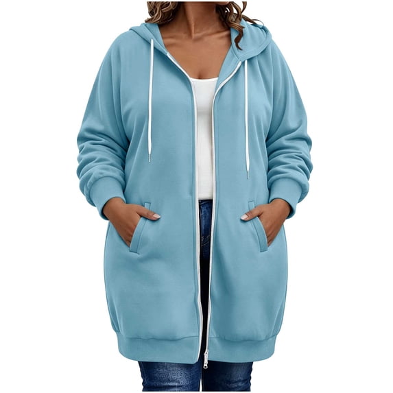 SETOOFF Plus Size Women Long Zip‑Up Hoodie Jacket, Fall Long Sleeve Drawstring Hooded Tunic Sweatshirt, Loose‑Fit Casual Outerwear With Side Hand Pockets To Hide Belly For Curvy Ladies 1X‑5X