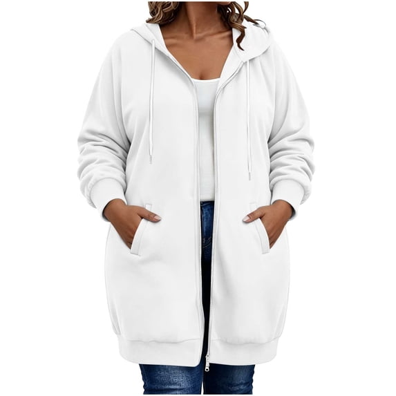 SETOOFF Plus Size Women Long Zip‑Up Hoodie Jacket, Fall Long Sleeve Drawstring Hooded Tunic Sweatshirt, Loose‑Fit Casual Outerwear With Side Hand Pockets To Hide Belly For Curvy Ladies 1X‑5X