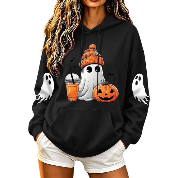 SETOOFF Women Assorted Halloween Themed Hoodie Sweatshirt Top, Ghost Ghost Cat Pumpkin Bat Moon Long Sleeve Drawstring Fall Outer Pullover Tee