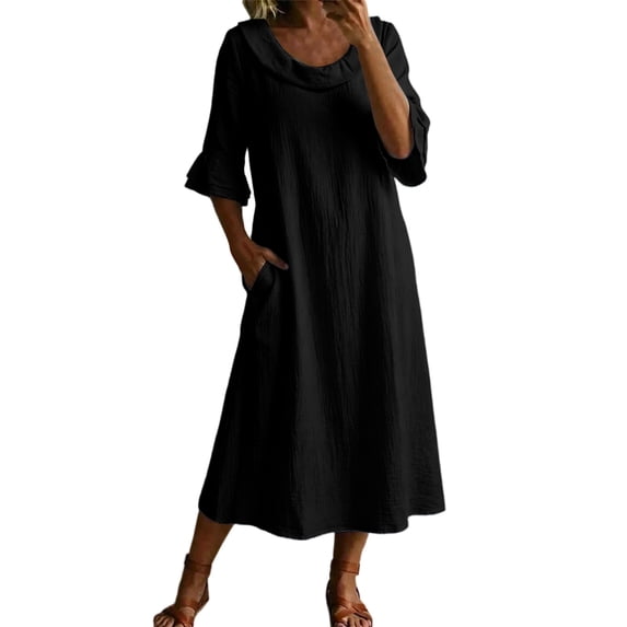 SETOOFF Women Cowl Neck 3/4 Ruffle Sleeve Cotton Linen Midi Dress Loose A Line Shift Dress with Side Pockets Casual Weekend Shopping Outdoor Vacation Daily Outfits