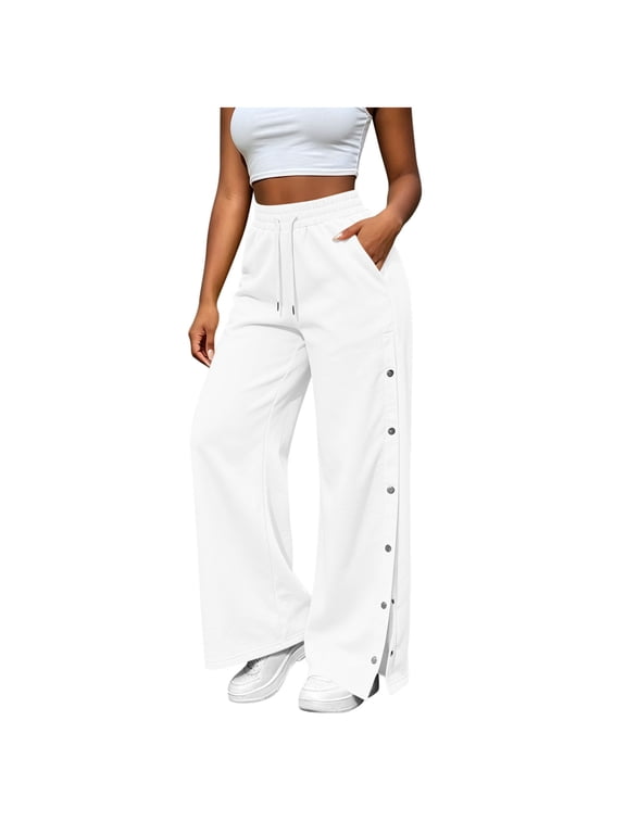 Women Elastic Drawstring High Waist Wide Leg Pants Side Snap Split Hem Palazzo Pants Deep Pockets Street Walking Workout Casual Trousers Daily Travel Womens Pants