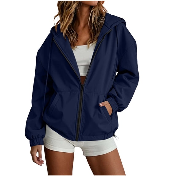 SETOOFF Women Hooded Windbreaker Jacket, Full Zip Drawstring Hood Elastic Cuff Hem Side Pockets Cropped Lightweight Nylon Windproof Coat Loose Fit Casual Athletic Outerwear