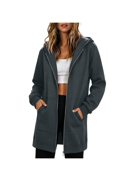 Women Long Length Zip Up Hooded Sweatshirt Open Front Long Line Hoodie Jacket with Pockets Solid Color Casual Oversized Layering Outer Coat for Fall Winter