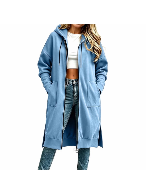 Women Long Maxi Length Zip Up Hooded Sweatshirt Side Split Long Line Hoodie Coat Oversized Drawstring Hood Jacket with Pockets Solid Color Casual Layering Outerwear for Fall Winter