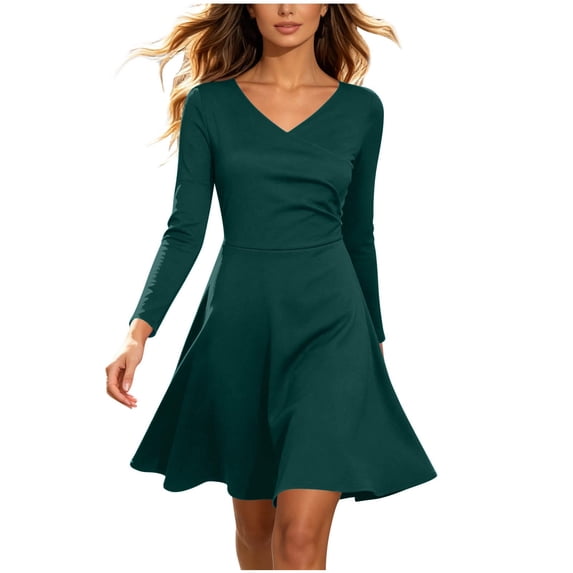 SETOOFF Women Long Sleeve V Neck Wrap Dress Ruched Waist Flared Skater Mini Dress Solid Color Fit and Flare Casual Party Daily Dress