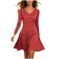 thumbnail image 1 of SETOOFF Women Long Sleeve V Neck Wrap Dress Ruched Waist Flared Skater Mini Dress Solid Color Fit and Flare Casual Party Daily Dress, 1 of 9