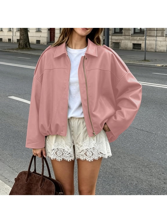 Women Oversized Lapel Collar Zip Up Faux Leather Jacket Drop Shoulder Loose Fit Short Bomber Coat Solid Black Motorcycle Outerwear for Spring Fall