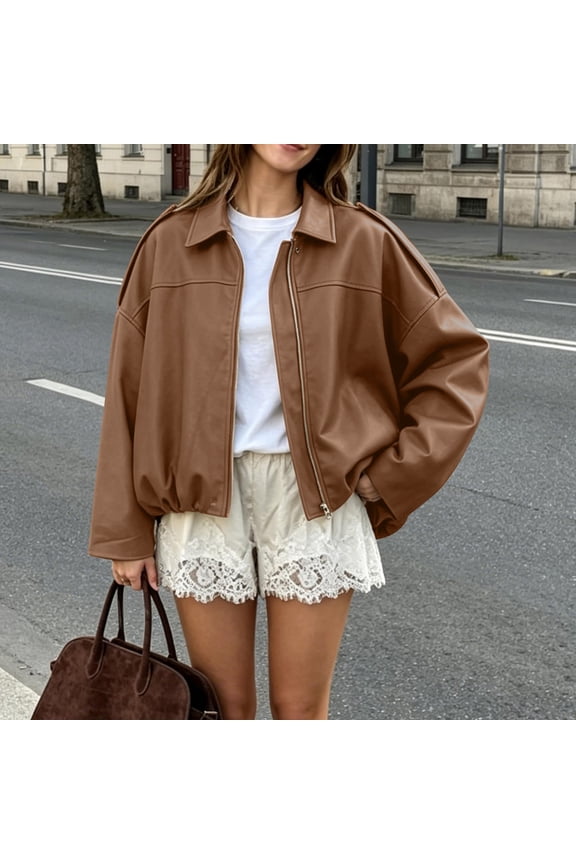 Women Oversized Lapel Collar Zip Up Faux Leather Jacket Drop Shoulder Loose Fit Short Bomber Coat Solid Black Motorcycle Outerwear for Spring Fall