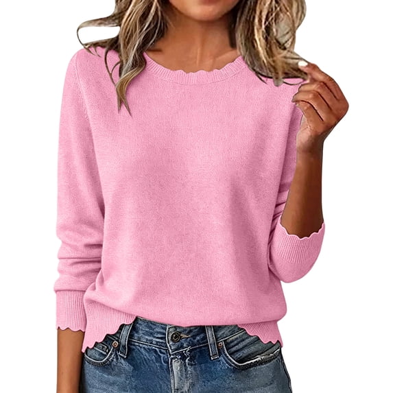 SETOOFF Women Scalloped Edge Crew Neck Knit Sweater Knitting Cotton Long Sleeve Solid Knitted Pullover Top Ruffled Trim Jumper for Fall Winter Daily Outfits