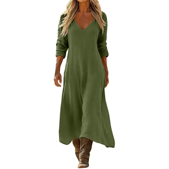 SETOOFF Women V Neck Long Sleeve Maxi Dress Loose Flowy Solid Color Split Side Long Tunic Dress Casual Vacation Beach Travel Daily Dress