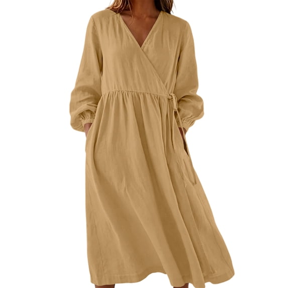 SETOOFF Women V Neck Wrap Midi Dress Long Elastic Cuff Sleeve Tie Waist Loose A Line Dress with Side Pockets Casual Summer Fall Beach Travel Weekend Shopping Outdoor Vacation Daily Outfits