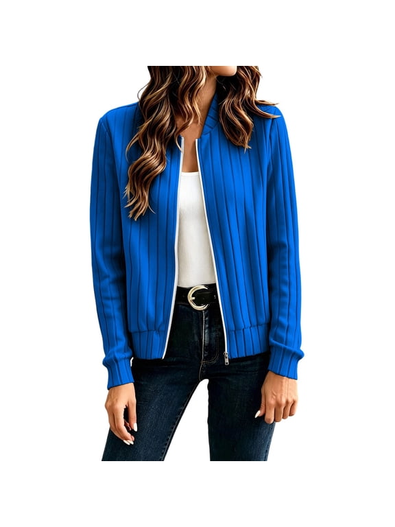 Women Vertical Ribbed Zip Up Bomber Jacket, Stand Collar Full Zipper Long Sleeve Elastic Rib Cuff & Hem Cropped Knit Cardigan Solid Color Loose Fit Casual Lightweight Outerwear