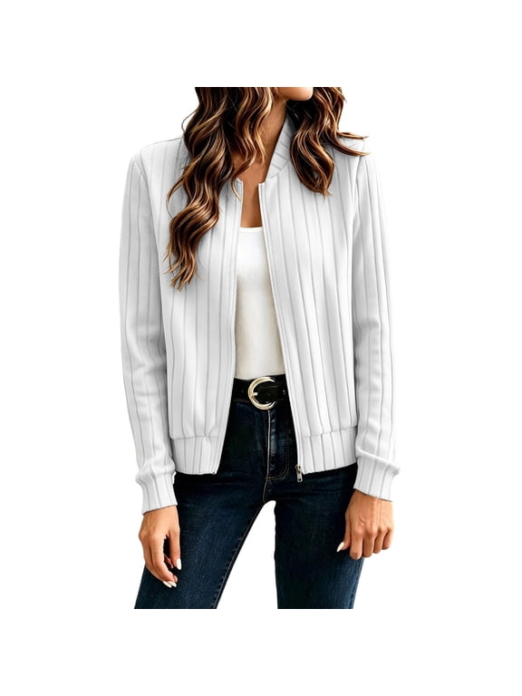 Women Vertical Ribbed Zip Up Bomber Jacket, Stand Collar Full Zipper Long Sleeve Elastic Rib Cuff & Hem Cropped Knit Cardigan Solid Color Loose Fit Casual Lightweight Outerwear