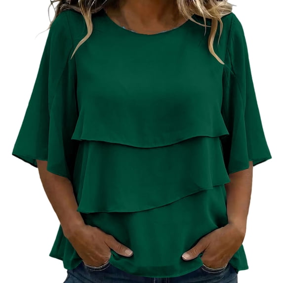 SETOOFF Womens 3/4 Length Sleeve Tops Chiffon Blouses Round Neck Multi Layer Ruffle Flare Sleeve Loose Casual Shirts Women Spring Summer Office Daily Outfit