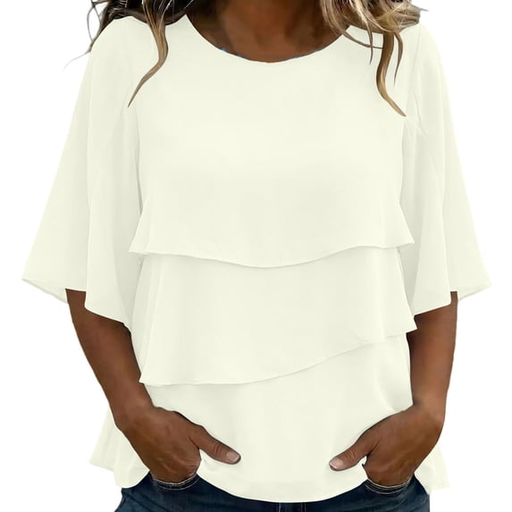 SETOOFF Womens 3/4 Length Sleeve Tops Chiffon Blouses Round Neck Multi Layer Ruffle Flare Sleeve Loose Casual Shirts Women Spring Summer Office Daily Outfit