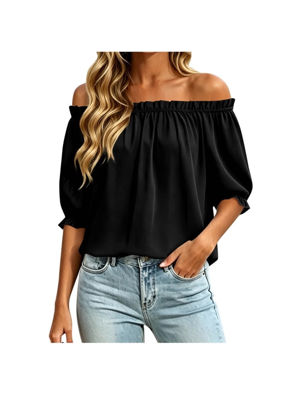 Womens Blouses Off Shoulder Ruffle Neck 3/4 Sleeve Puff Ruffle Loose Fit Flowy Beach Tops Shirts Dressy Casual Work Spring Summer Vacation Clothes