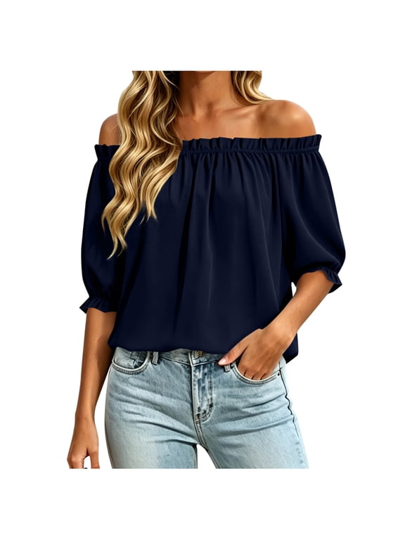 Womens Blouses Off Shoulder Ruffle Neck 3/4 Sleeve Puff Ruffle Loose Fit Flowy Beach Tops Shirts Dressy Casual Work Spring Summer Vacation Clothes