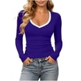 thumbnail image 1 of SETOOFF Womens Contrast Trim V‑Neck Pullover Long Sleeve Shirts, Fitted Casual Fashion Tops, Dressy‑Casual Dailywear Blouses for Fall, 1 of 8
