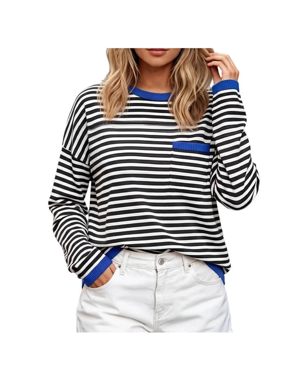 Womens Crew Neck Striped Pullover Sweatshirt, Oversized Loose‑Fit Long Sleeve Shirts, Pocket Fashion Tops for Fall Dailywear
