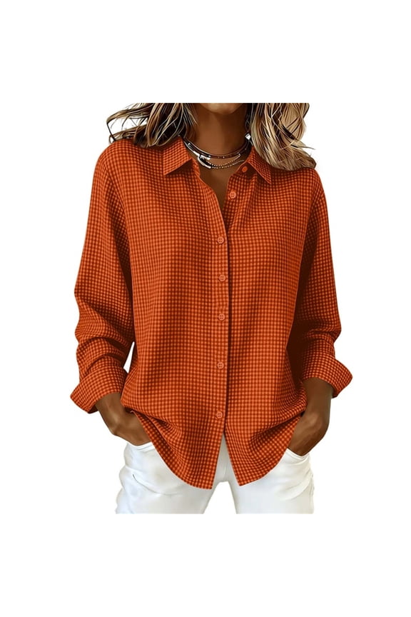 Womens Lapel Collar Micro Grid Long Sleeve Shirts Button Down Blouses Loose Fit Lightweight Tunic Tops for Women Fall Dressy Casual Work Business Casual