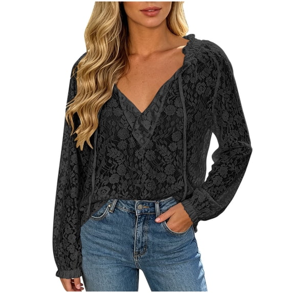 SETOOFF Womens Long Sleeve Shirts V Neck Floral Lace Blouses Loose Fit Lightweight Dressy Casual Tunic Tops for Women Fall Dailywear Fashion
