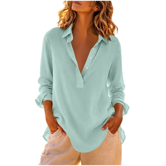 SETOOFF Womens Long Sleeve Tops Blouses Lapel Collar Half Button Henley Curved Hem Loose Casual Shirts Women Spring Summer Office Travel Daily Outfit