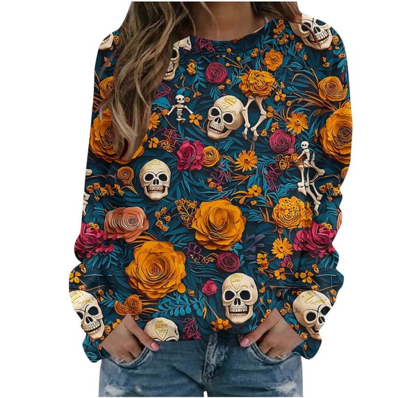 SETOOFF Womens Loose Fit Long Sleeve Shirts, Crew Neck Halloween Pumpkin Bat Spider Print Pullover Sweatshirt Lightweight Tunic Tops Holiday Party Apparel for Dressy Casual Dailywear Fashion