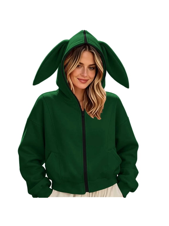 Womens Zip‑Up Bunny Ear Hoodie Jacket, Oversized Loose Fit Casual Long Sleeve Shirts With Pockets, Fall Fashion Tops, Dressy‑Casual Dailywear Blouses