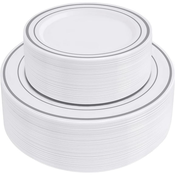 SETUP 100-Pc Silver Trim Party Plates Set 10.25" Dinner Party Plates & 7.5" Salad Plates
