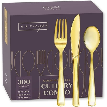SETUP Gold Plastic Cutlery Set 100 Forks, 100 Spoons, 100 Knives Combo, 300-Count