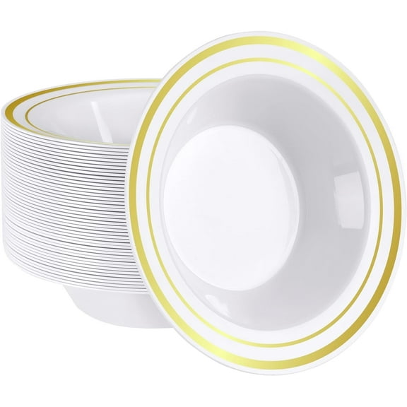 SETUP Gold Trim Plastic Dessert Bowls 12 Oz Disposable Party Bowls for Soup & Cereals, 50-Pack
