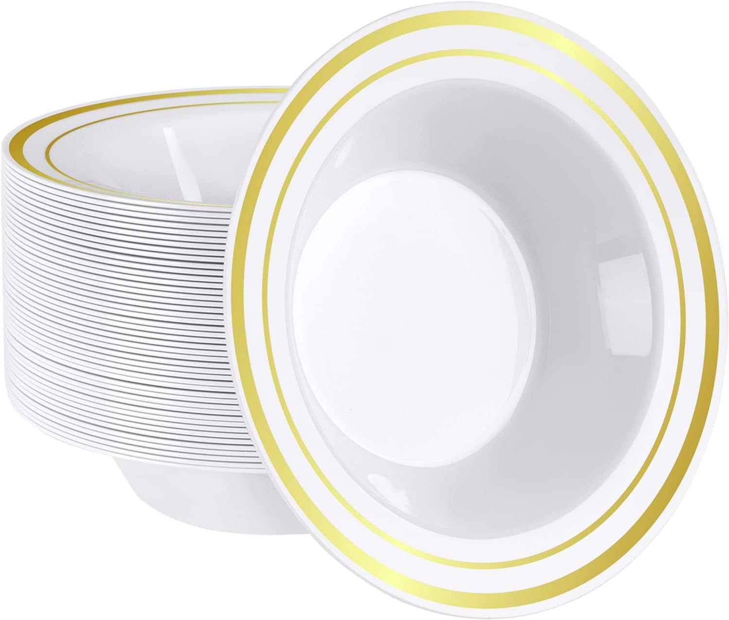 Gold Trim White Plastic Dessert Bowls 12 Oz, 50-Pack