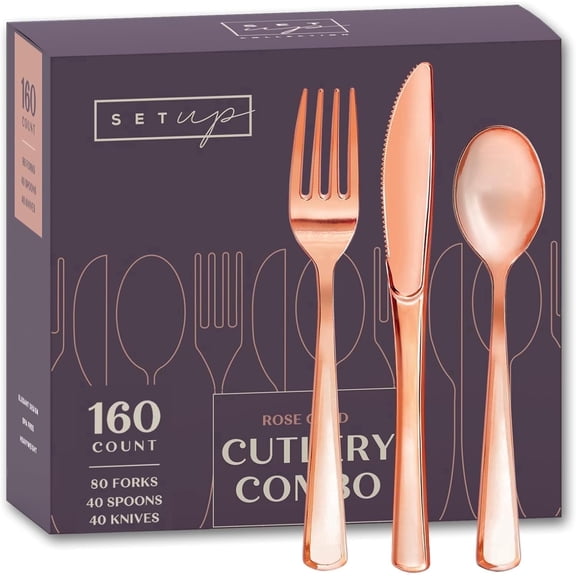 SETUP Rose Gold Disposable Cutlery Set, Elegant Plastic Silverware for Parties Weddings and Events, 160 Count