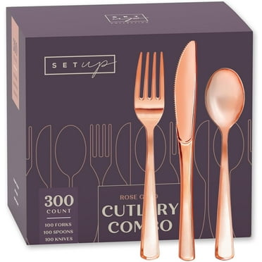 SETUP Rosegold Disposable Cutlery Combo 300-Pc Plastic Silverware Set with Forks, Spoons & Knives