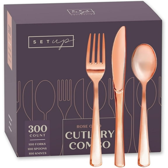 SETUP Rosegold Disposable Cutlery Combo 300-Pc Plastic Silverware Set with Forks, Spoons & Knives