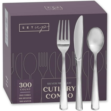 SETUP Silver Disposable Cutlery Combo 300-Pc Plastic Silverware Set with Forks, Spoons & Knives