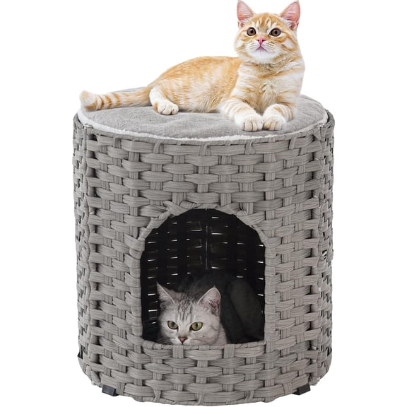 SETVSON Cat Beds for Indoor Cats Extra Large Double Cat Cave Pet Cube, Handwoven Rattan Cat Houses with Double-Sided Soft Cushions, 18.5 x 20.5 x 19.1 Inches Foldable Hideaway in Living Room Natural