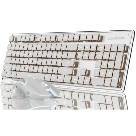 SEUNKWANG V3 Wireless Keyboard and Mouse with Single Backlit, Metal Panel, Bluetooth/2.4G Rechargeable Computer Keyboard and Mouse Combo Silent Light up Full Size Cute Keyboards-White C80