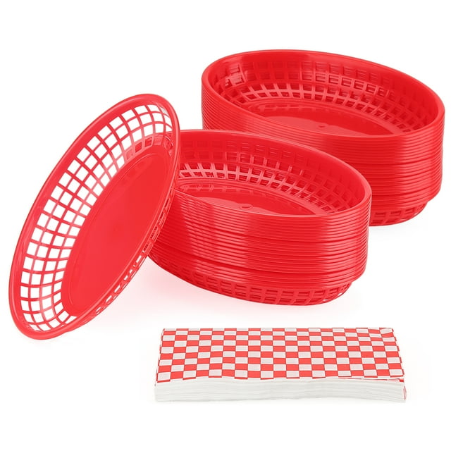 SEUNMUK 50 Pack 8.9 x 5.5 Inch Red Plastic Fast Food Serving Baskets